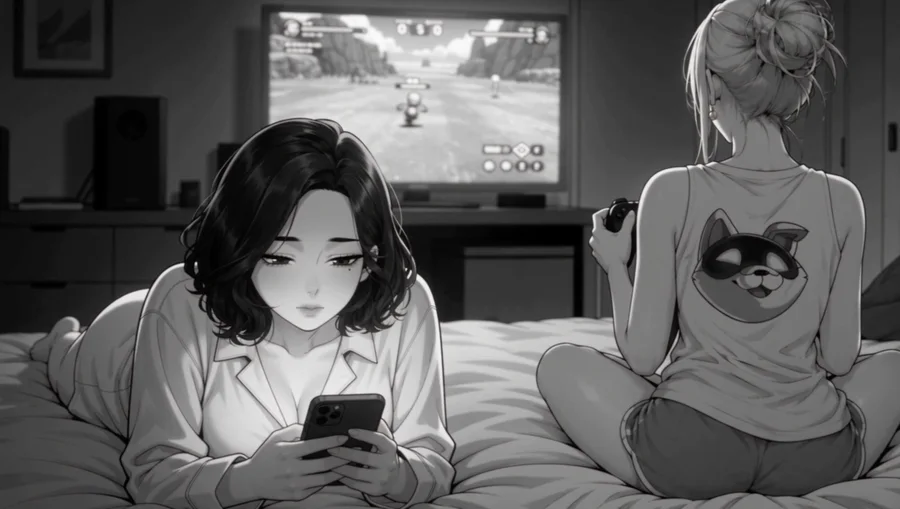 Hent on her phone while Yuna plays a game